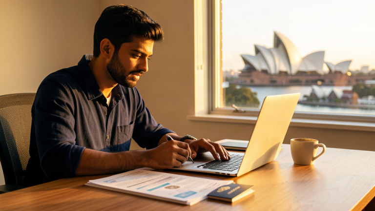Indian student reviewing Australian visa documents at desk with Sydney skyline visible through window