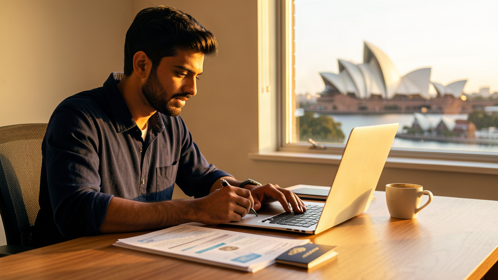 Indian student reviewing Australian visa documents at desk with Sydney skyline visible through window