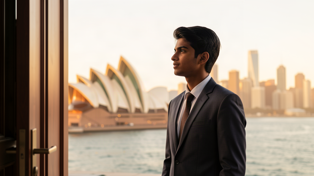 Indian graduate student looking toward Sydney Opera House - Australia student visa cap 2026