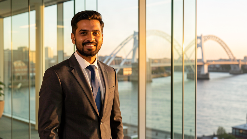 Indian graduate at modern Dublin office with River Liffey and Samuel Beckett Bridge visible through window