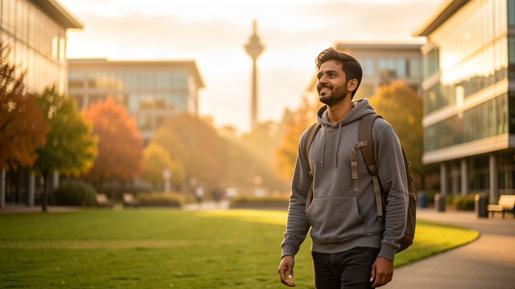 Indian student walking across New Zealand university campus at golden hour with Auckland skyline