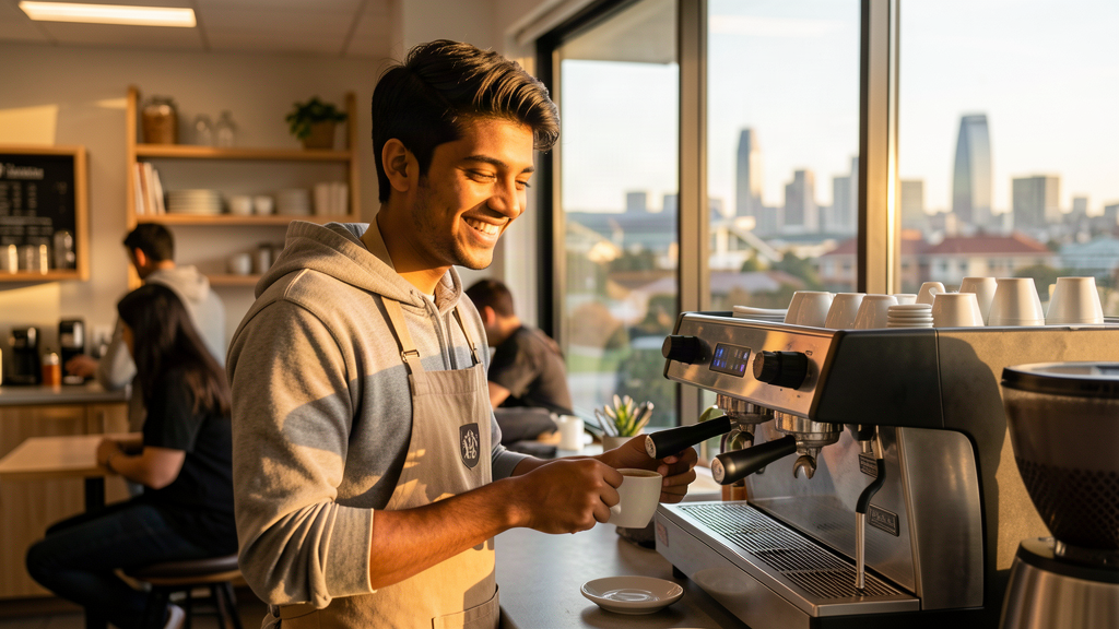 Indian student working part-time shift at a New Zealand cafe with university campus and Auckland skyline in background